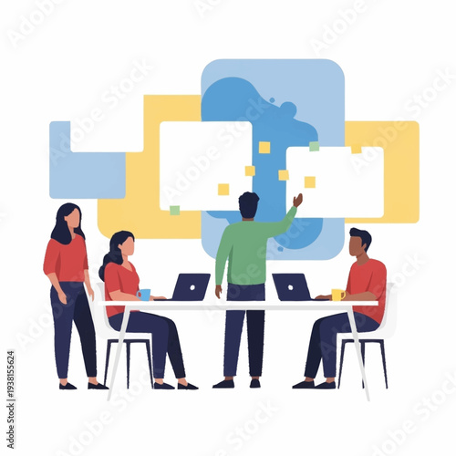 Diverse team collaborating on a project at a modern office table.