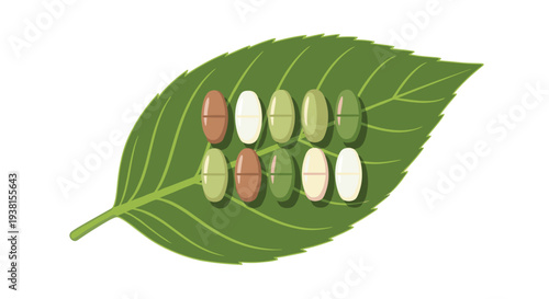A large, vibrant green leaf serves as a natural platform for twelve oval-shaped pills of varying earthy and green tones.