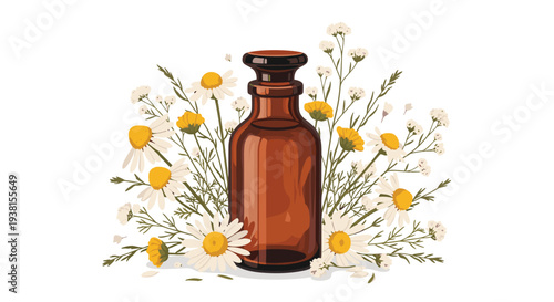 A small, dark brown glass bottle with a stopper is centrally positioned amidst delicate white and yellow chamomile flowers.
