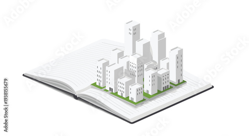 An isometric illustration presents a collection of white buildings of various heights emerging from the open pages of a book against a white background.