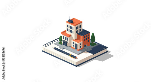 An isometric illustration displays a multi-story building with orange and dark blue sections, two small trees, and a pen resting on an open spiral notebook.