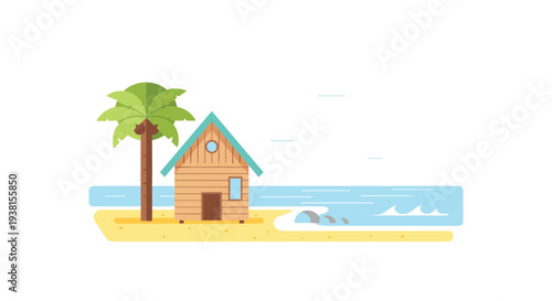 A quaint wooden beach house with a blue roof and a palm tree stands on a sandy beach with blue ocean waves and rocks.