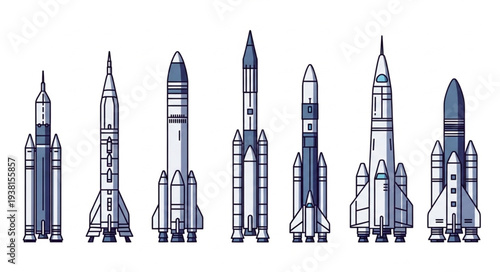 Collection of various rockets and spacecraft designs lined up.