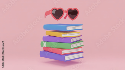 Stack of colorful books with heart shaped sunglasses on pastel pink background symbolizing love for reading and literature