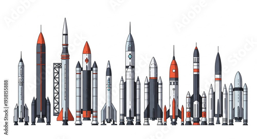 Collection of various rockets and spacecraft lined up.
