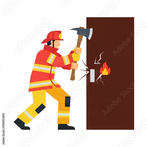 Firefighter Breaking Down Door with Axe Emergency Rescue.