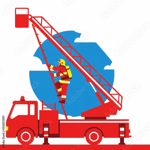 Firefighter Ascending Ladder Truck to Rescue Mission.