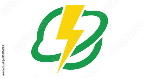 Minimalist vector graphic design featuring a bright yellow lightning bolt surrounded by flowing green orbital lines