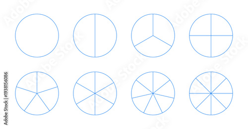 Many number of sectors divide the circle on from 1 to 8 equal parts. Pie, pizza charts. Segmented blue charts. Segments infographic icons. Diagram wheel parts.
