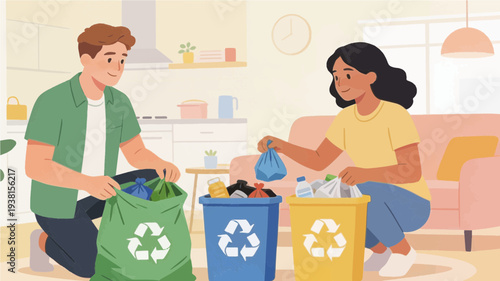 Couple sorting waste at home, promoting eco-friendly recycling lifestyle