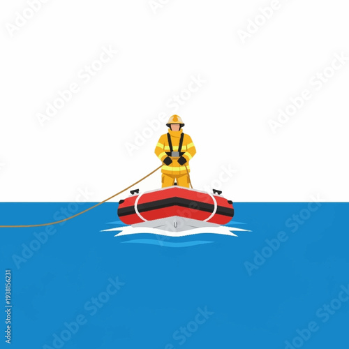 Firefighter in inflatable boat on blue water.