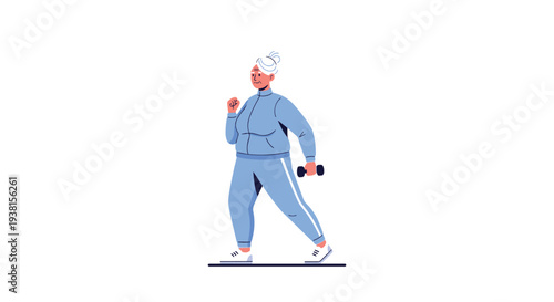 An active cartoon elderly woman with white hair, dressed in a blue tracksuit, walks purposefully while holding a black dumbbell against a clean white background.