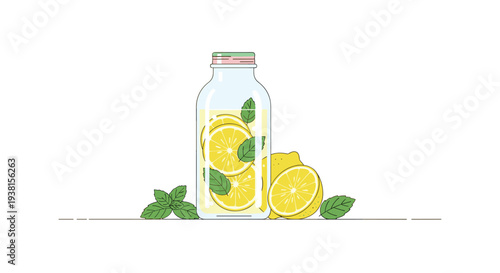 A clear glass bottle containing lemonade with lemon slices and mint leaves is displayed alongside whole lemons and additional mint, all on a white background.