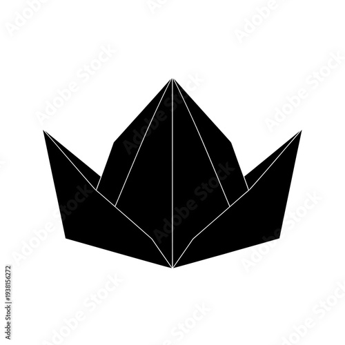 Black origami paper boat floating on a white background, simple design.