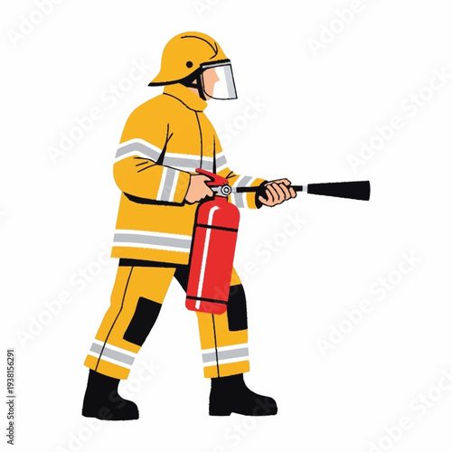 Firefighter in protective gear holding extinguisher.