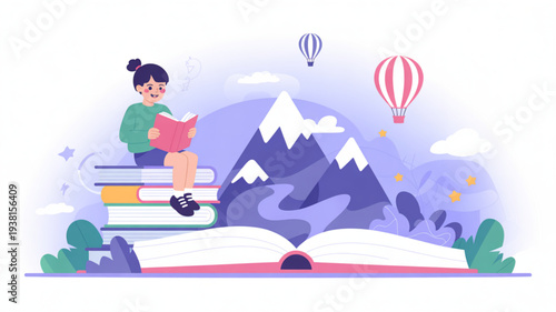 Young girl sitting on stack of books reading surrounded by mountains hot air balloons and open book learning concept
