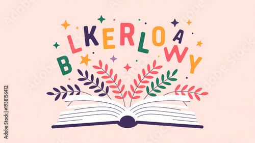 Colorful letters and leaves emerging from an open book with stars on a soft pink background symbolizing creativity and knowledge