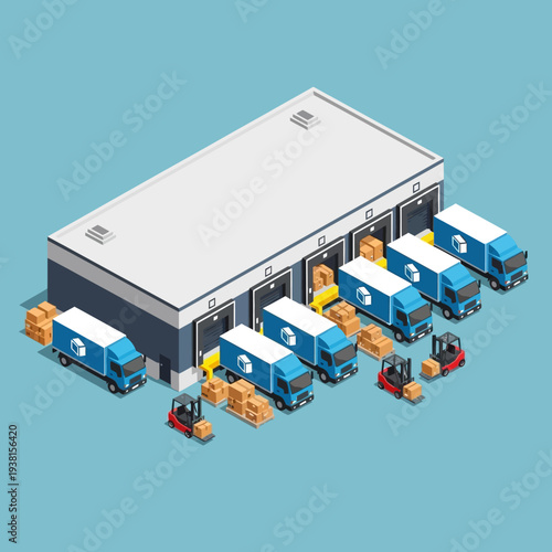 Warehouse with trucks and forklifts loading and unloading packages.