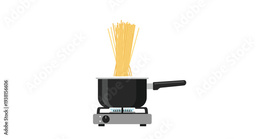 A black pot filled with uncooked spaghetti noodles stands upright on a grey gas stove burner with a visible blue flame against a white background.
