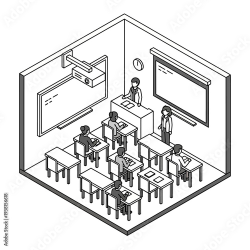 Isometric classroom scene with students and teacher in a modern educational setting.
