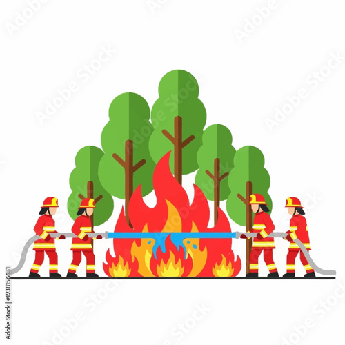 Firefighters battling a large forest fire with hoses.