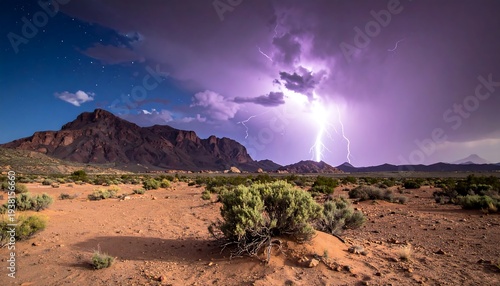 Striking lightning bolts illuminate a desert landscape below a dramatic sky with rugged mountains in the distance