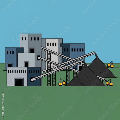Industrial Coal Mining Facility with Conveyor Belts and Piles.