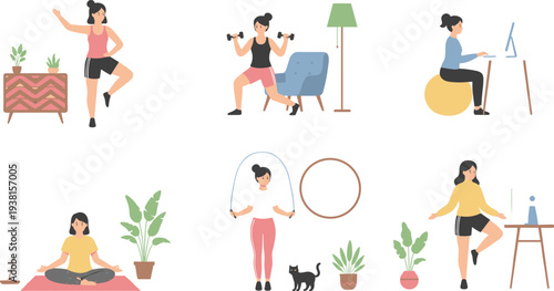 Collection of women performing home workout routines including yoga jump rope and strength training exercises