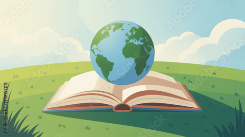 Earth globe on open book in green field with blue sky and clouds symbolizing education and environmental awareness