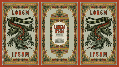 Tropical Jungle Iguana Floral Vintage Frame Template for Invitation, Menu, and Certificate Design