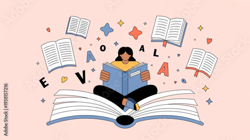 Woman sitting on large open book reading surrounded by floating books letters and colorful stars on pink background