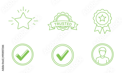 Illustration of Trust and Reliability: A set of six elegant line art illustrations depicting elements of trust, reliability, and approval, ideal for conveying quality and trustworthiness. 