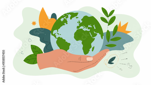 Earth in hand with green leaves and flowers symbolizing eco friendly care and environmental protection