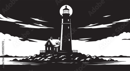 Vector lighthouse illustration on rocky island
