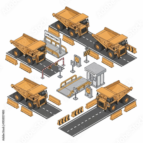 Isometric Construction Dump Trucks and Equipment Set.