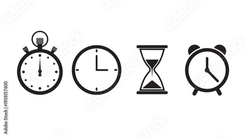 Stopwatch, clock, hourglass, and alarm clock icons in a simple black and white linear graphic design.
