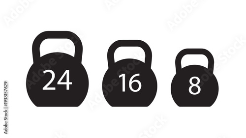 Kettlebells set with weights 24, 16, and 8 kilograms, black icons for fitness and training featuring kettlebell, weight, exercise with workout and