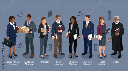 A diverse group of legal professionals and a judge stand together, each holding legal materials and representing various roles in the justice system