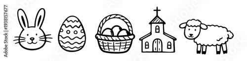 Set of hand-drawn Easter icons in doodle style featuring a bunny, decorated egg, basket with eggs, church, and a cute sheep. Black and white vector line art for holiday designs.