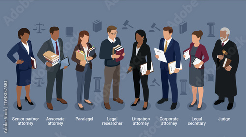 A group of legal professionals standing together with books and documents in an office setting