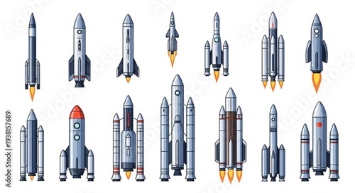 Collection of Various Space Rockets and Spaceships Ready for Launch.