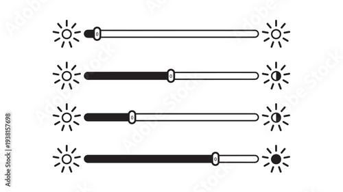 Brightness slider icons with sun symbols indicating contrast levels from dim to bright. featuring icon, control, setting with interface and UI