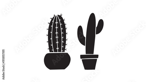 Cacti in pots, a set of two black silhouette illustrations with stark contrasts and simple shapes on a white background, symbolizing desert flora.