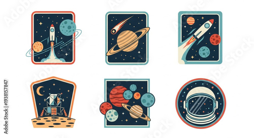 Collection of space exploration themed patches and icons.
