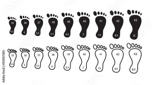 Foot size chart comparison with black solid and outlined footprints displaying EU shoe sizes featuring measurement, measurement scale, outline with