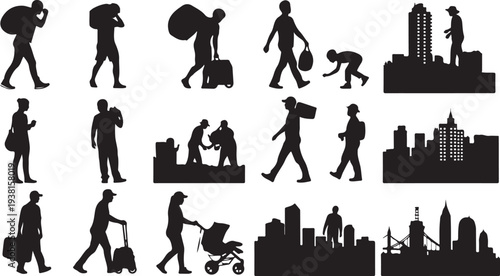 Set of 20 black silhouette city and people icons vector