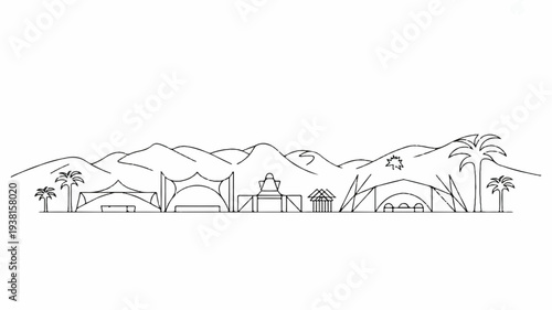 Mountain resort village line art with palm trees and snow capped peaks in background landscape