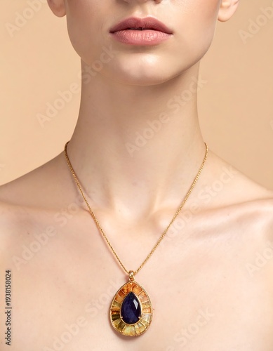 Close-up of a woman's neck and chest, adorned with a jewel pendant