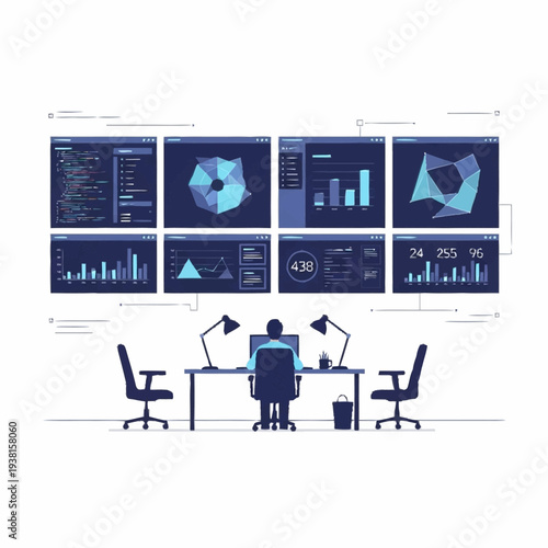 Man working in a modern office with multiple computer screens displaying data.