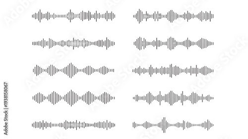 Sound waves digital waveform illustrations with varying amplitudes and frequencies in a black and white monochrome design aesthetic.
